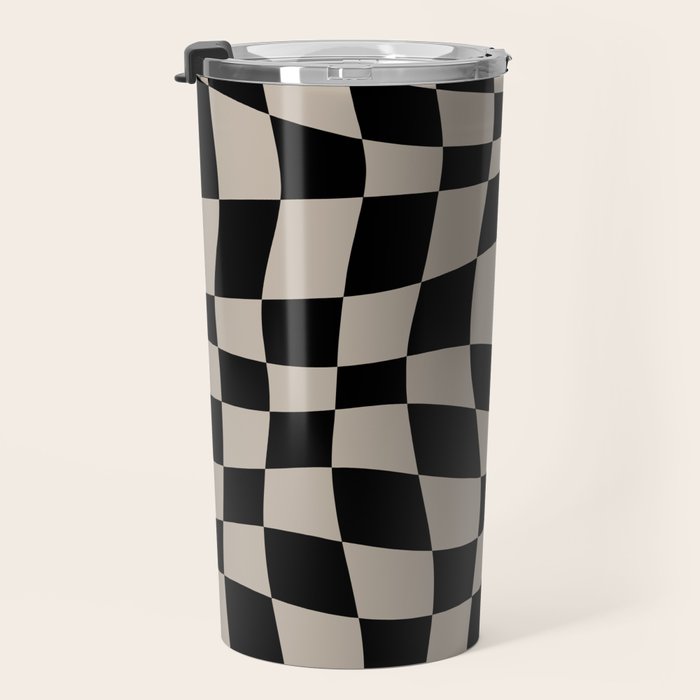 Warped Checkered Pattern (black/tan) Travel Mug Gallery Image 3