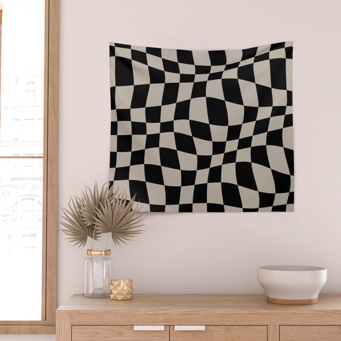 Warped Checkered Pattern (black/tan) Wall Tapestry Gallery Image 2
