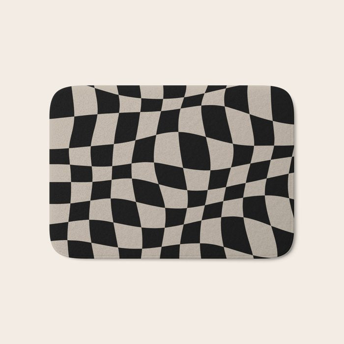 Warped Checkered Pattern (black/tan) Bath Mat Gallery Image 1