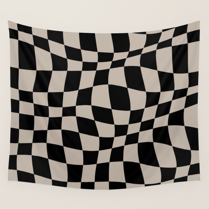 Warped Checkered Pattern (black/tan) Wall Tapestry Gallery Image 4
