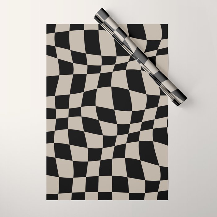 Warped Checkered Pattern (black/tan) Wrapping Paper Gallery Image 1