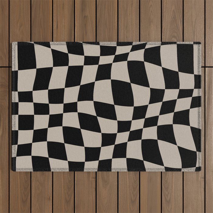 Warped Checkered Pattern (black/tan) Outdoor Rug Gallery Image 1