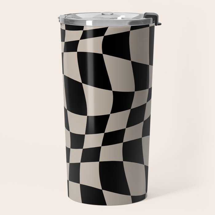 Warped Checkered Pattern (black/tan) Travel Mug Gallery Image 2