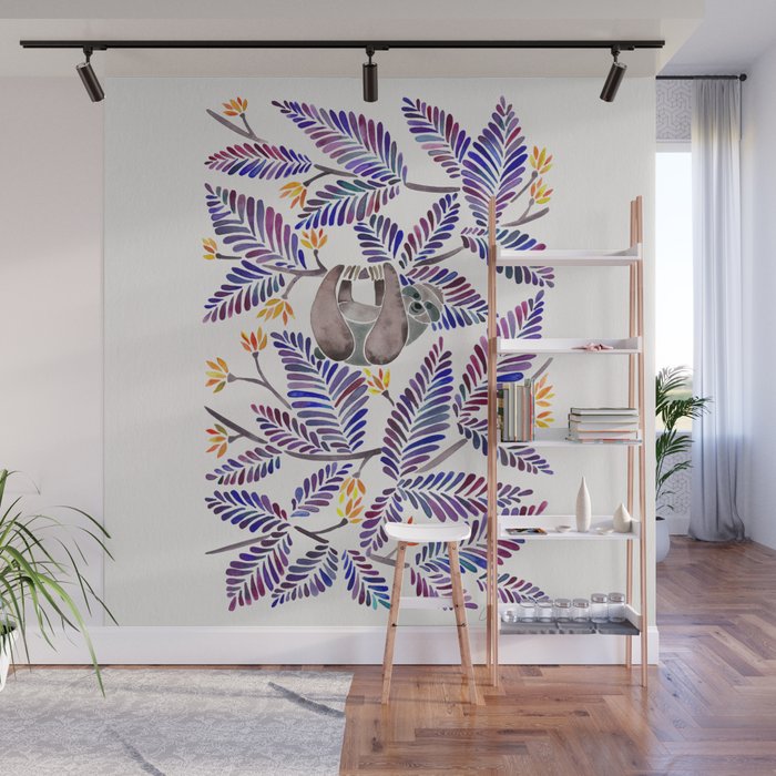 Happy Sloth - Tropical Indigo Leaves Wall Mural Gallery Image 1