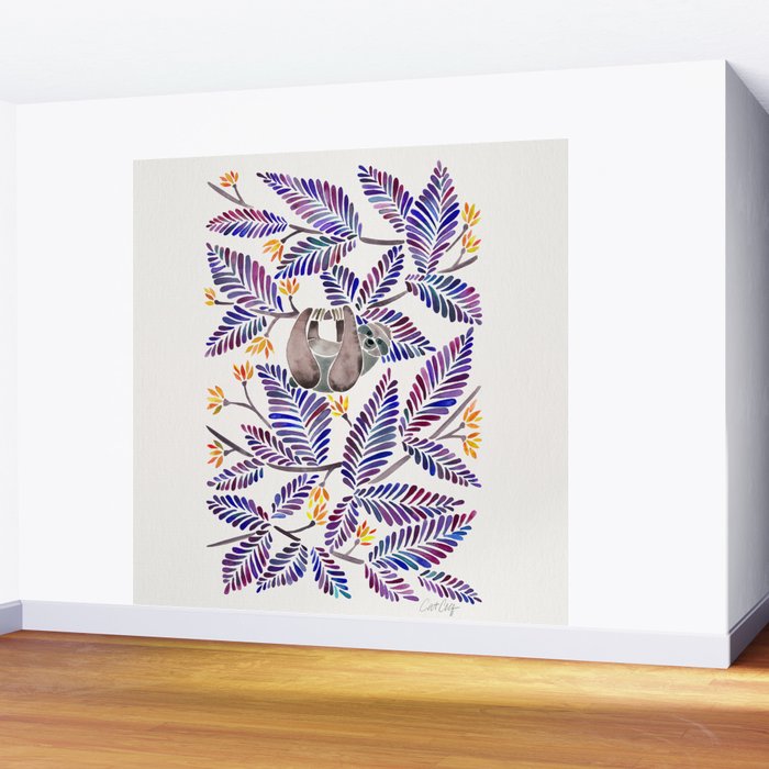 Happy Sloth - Tropical Indigo Leaves Wall Mural Gallery Image 2