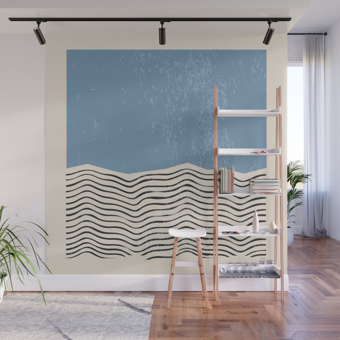 Mid Century Modern Minimalist Blue Waves Rothko Inspired Color Field With Lines Geometric Style  Wall Mural Gallery Image 1
