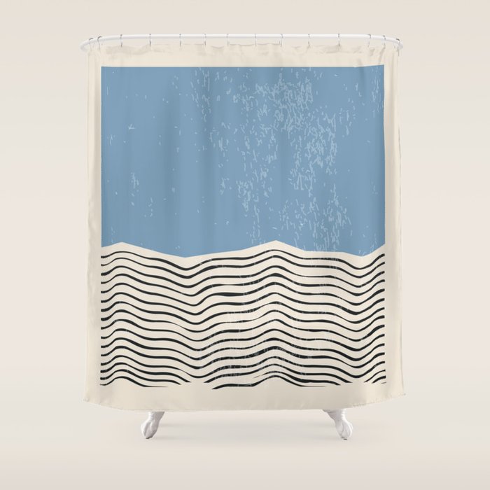 Mid Century Modern Minimalist Blue Waves Rothko Inspired Color Field With Lines Geometric Style  Shower Curtain Gallery Image 1
