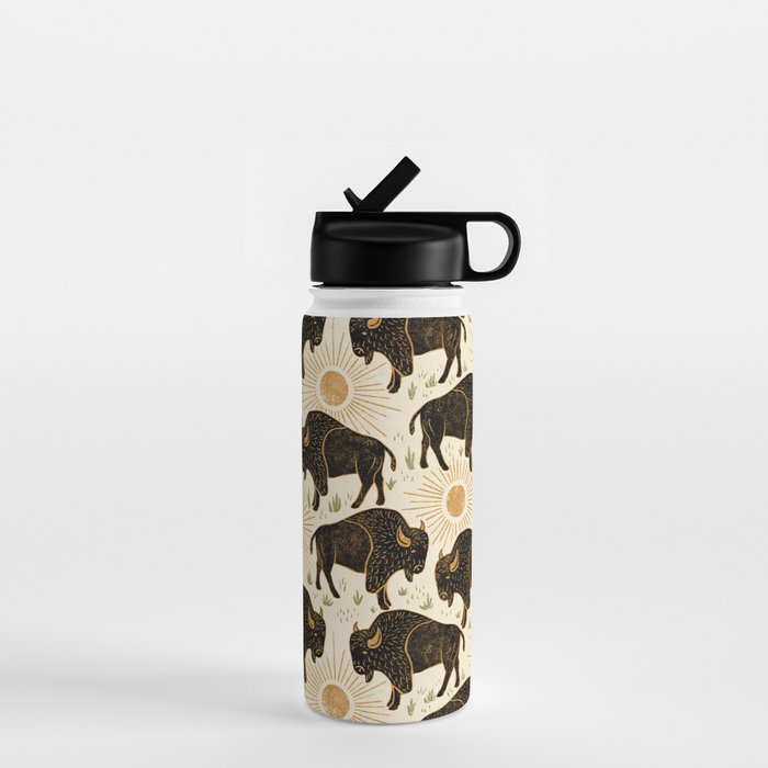 Bison - black, gold, moss green, and cream Water Bottle Gallery Image 1