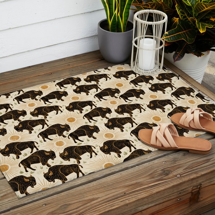 Bison - black, gold, moss green, and cream Outdoor Rug Gallery Image 2