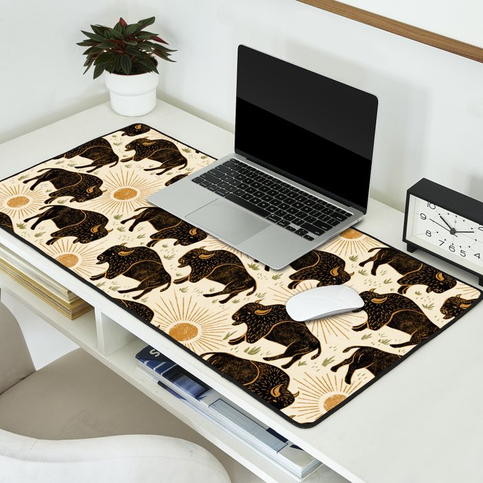 Bison - black, gold, moss green, and cream Desk Mat Gallery Image 2