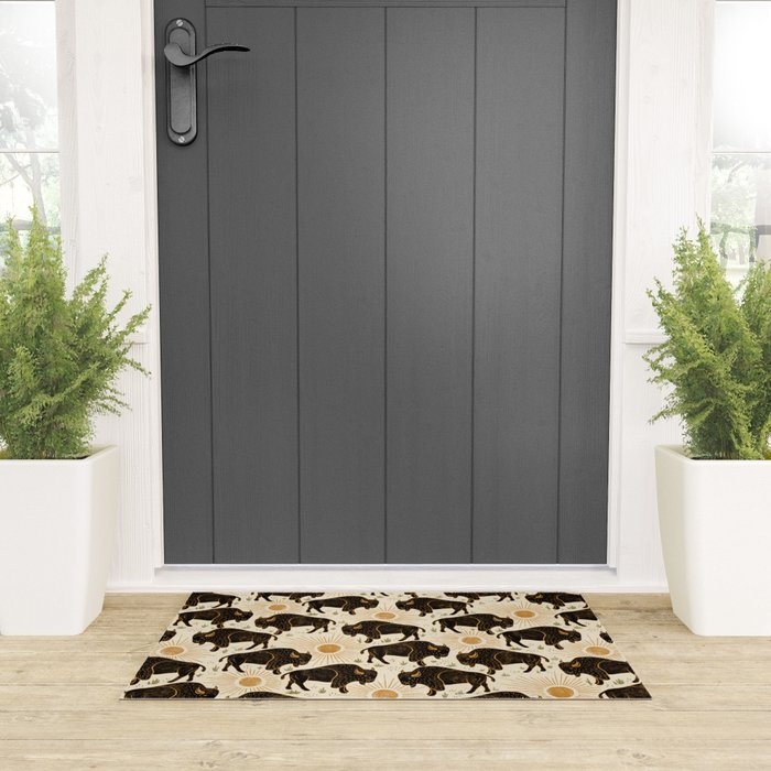 Bison - black, gold, moss green, and cream Welcome Mat Gallery Image 3