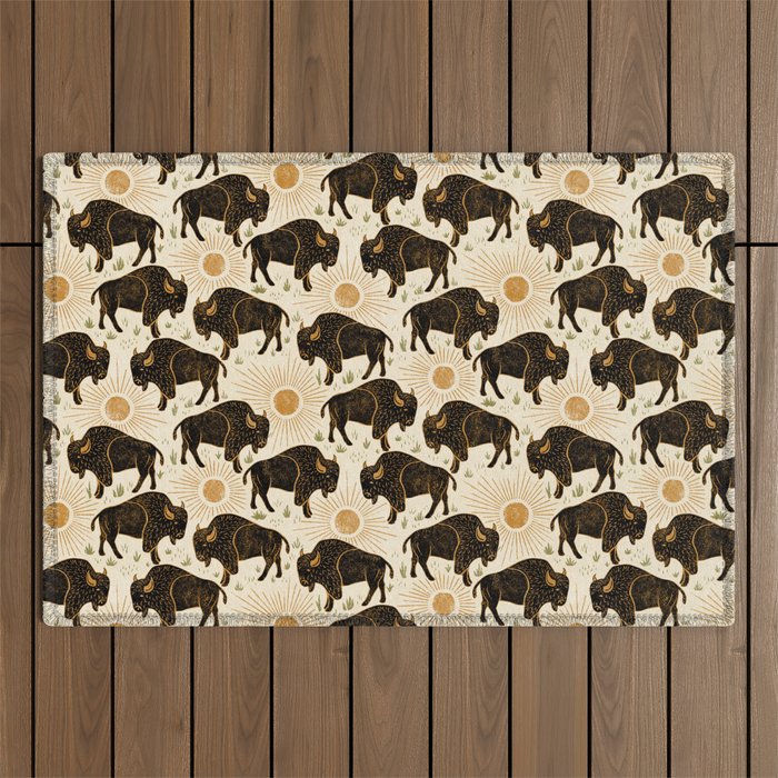 Bison - black, gold, moss green, and cream Outdoor Rug Gallery Image 1