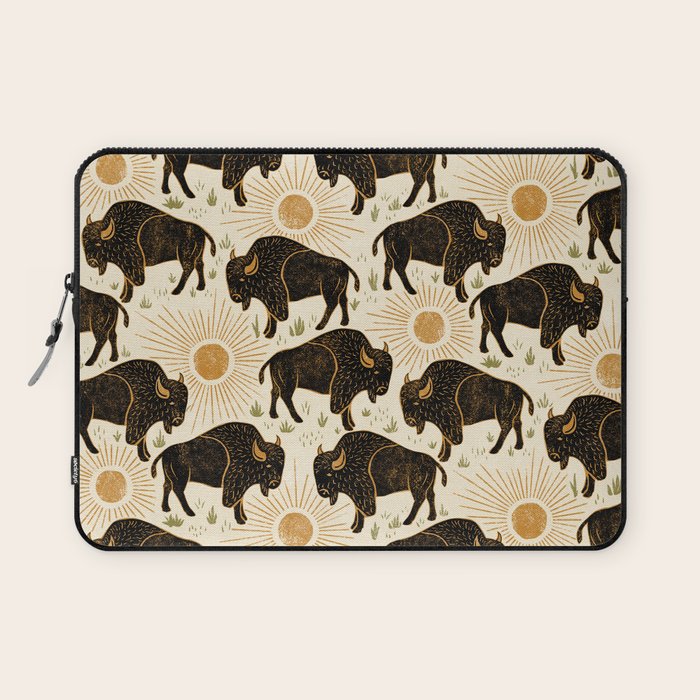 Bison - black, gold, moss green, and cream Laptop Sleeve Gallery Image 1