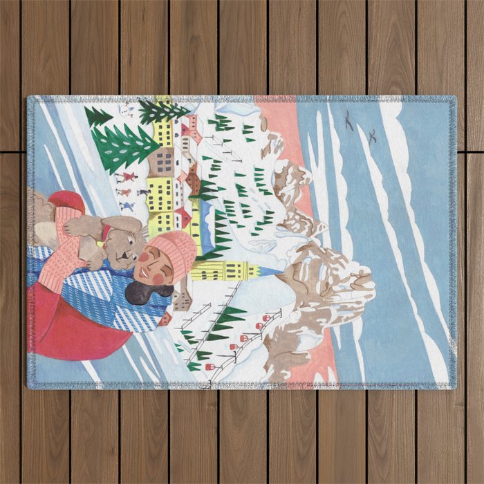 Woman with dog in the mountains Outdoor Rug Gallery Image 1