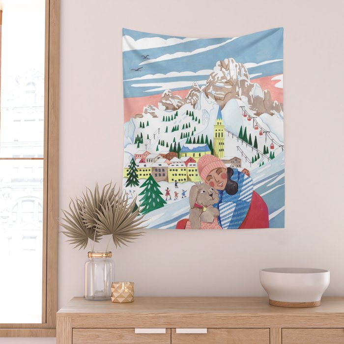 Woman with dog in the mountains Wall Tapestry Gallery Image 2