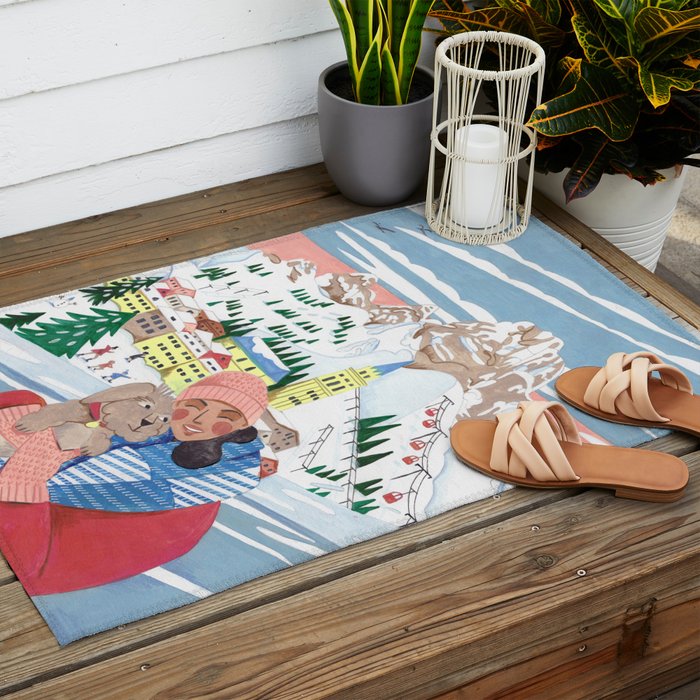 Woman with dog in the mountains Outdoor Rug Gallery Image 2