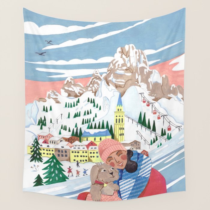 Woman with dog in the mountains Wall Tapestry Gallery Image 1