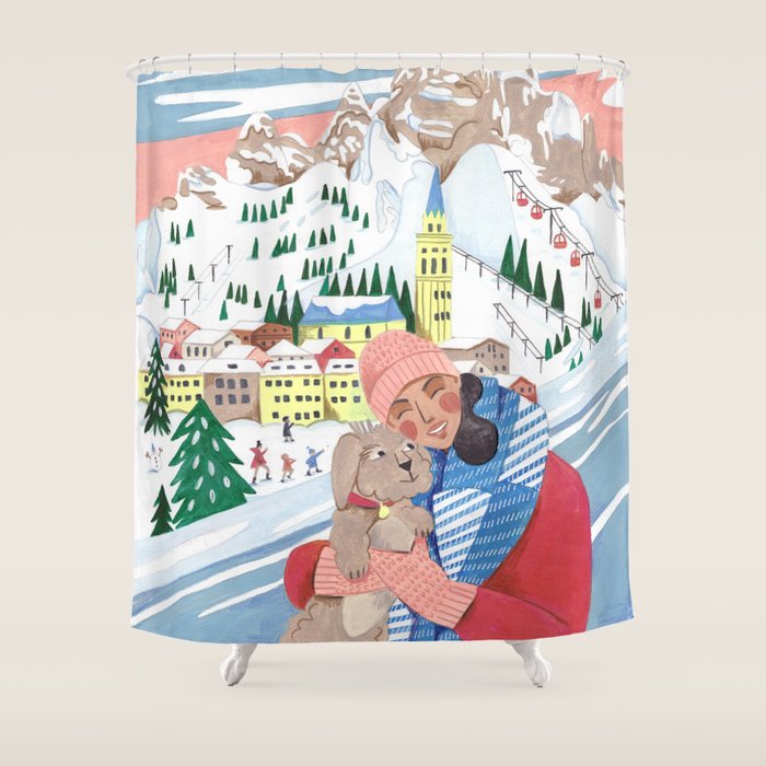 Woman with dog in the mountains Shower Curtain Gallery Image 1