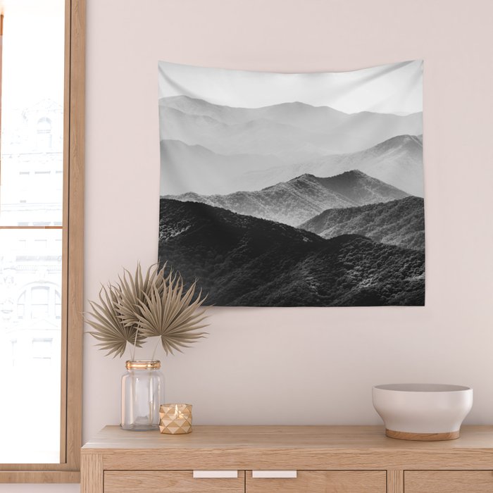 Glimpse - Black and White Mountains Landscape Nature Photography Wall Tapestry Gallery Image 2