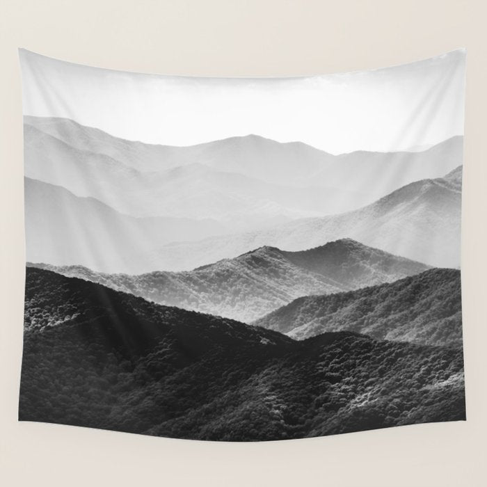 Glimpse - Black and White Mountains Landscape Nature Photography Wall Tapestry Gallery Image 1