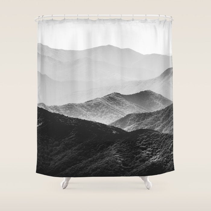 Glimpse - Black and White Mountains Landscape Nature Photography Shower Curtain Gallery Image 1