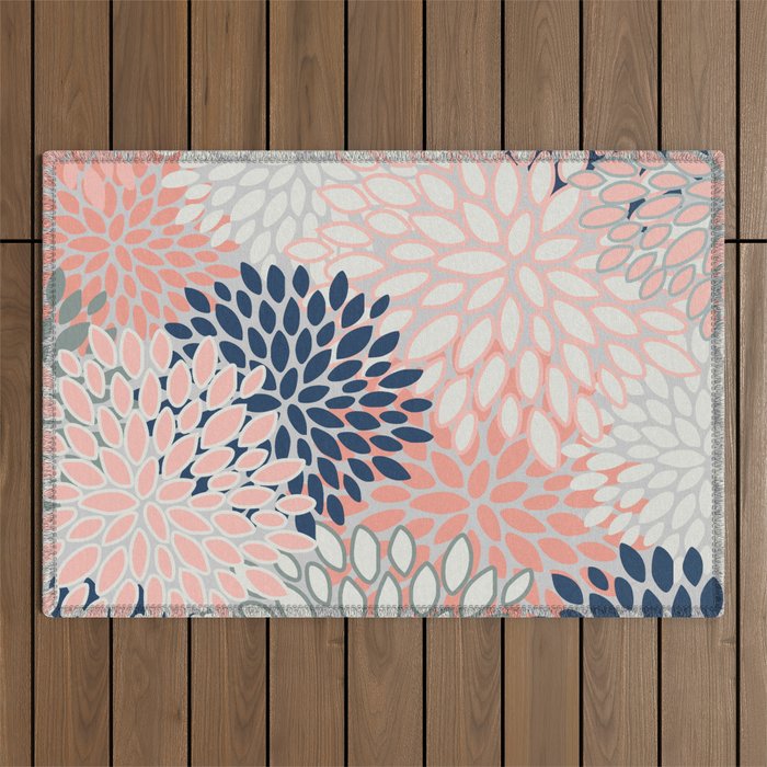 Festive, Modern, Floral Prints, Pink, Navy, Gray Outdoor Rug Gallery Image 1
