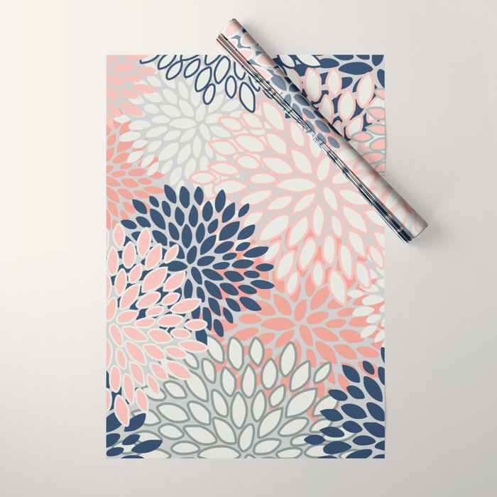 Festive, Modern, Floral Prints, Pink, Navy, Gray Wrapping Paper Gallery Image 1