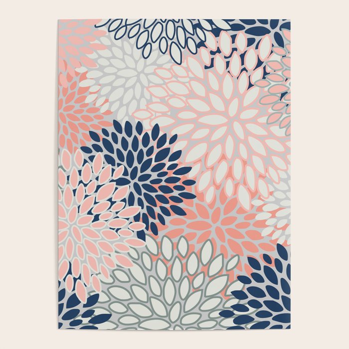 Festive, Modern, Floral Prints, Pink, Navy, Gray Poster Gallery Image 1