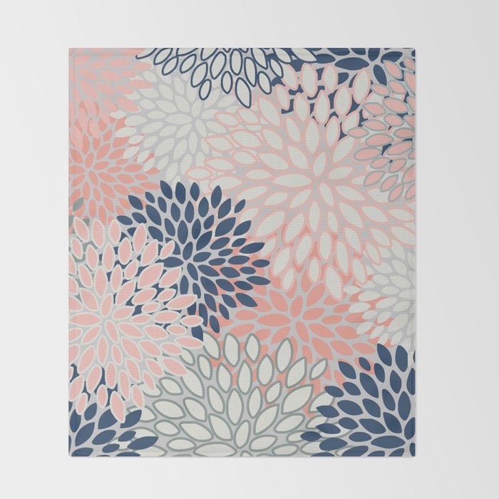 Festive, Modern, Floral Prints, Pink, Navy, Gray Throw Blanket Gallery Image 2