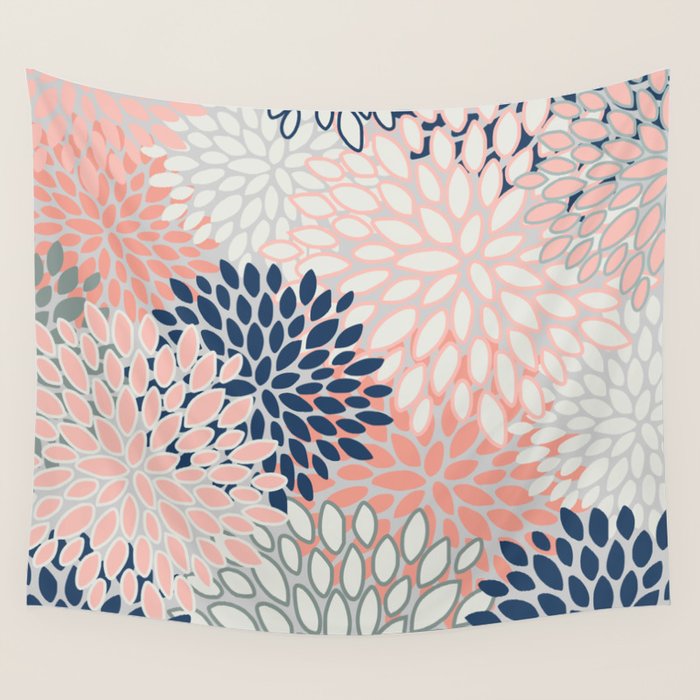 Festive, Modern, Floral Prints, Pink, Navy, Gray Wall Tapestry Gallery Image 1