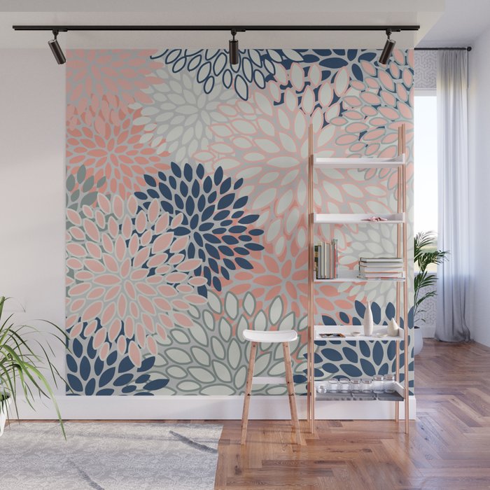 Festive, Modern, Floral Prints, Pink, Navy, Gray Wall Mural Gallery Image 1