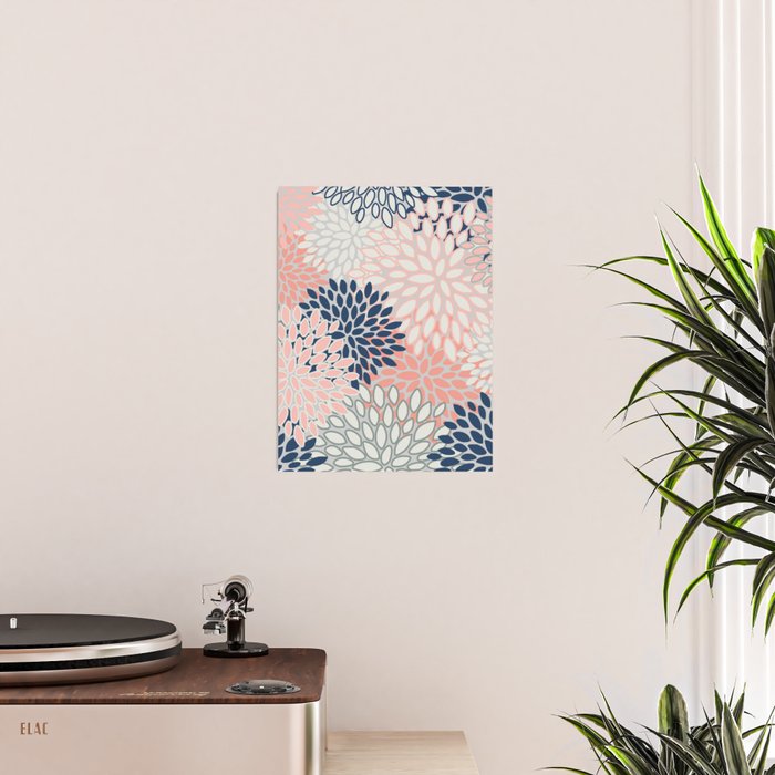 Festive, Modern, Floral Prints, Pink, Navy, Gray Poster Gallery Image 2
