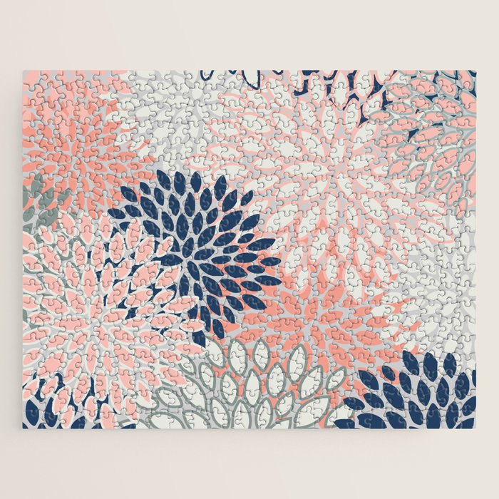 Festive, Modern, Floral Prints, Pink, Navy, Gray Jigsaw Puzzle Gallery Image 1