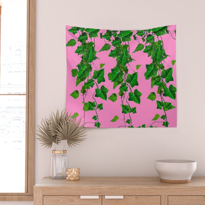 GREEN IVY HANGING LEAVES & VINES ON PINK Wall Tapestry Gallery Image 2