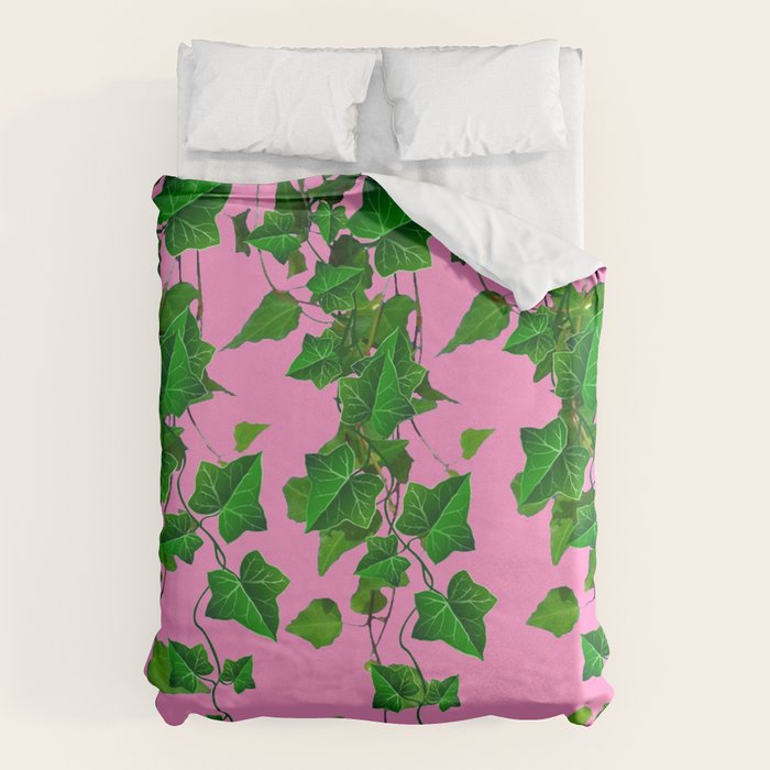 GREEN IVY HANGING LEAVES & VINES ON PINK Duvet Cover Gallery Image 1