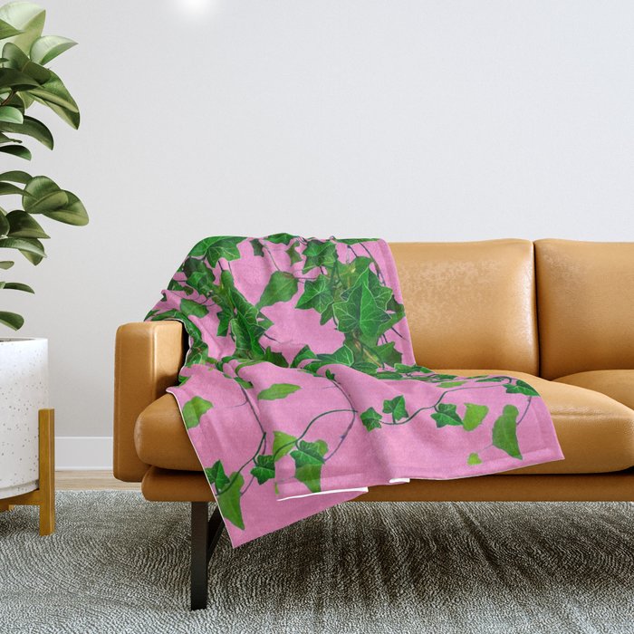 GREEN IVY HANGING LEAVES & VINES ON PINK Throw Blanket Gallery Image 1