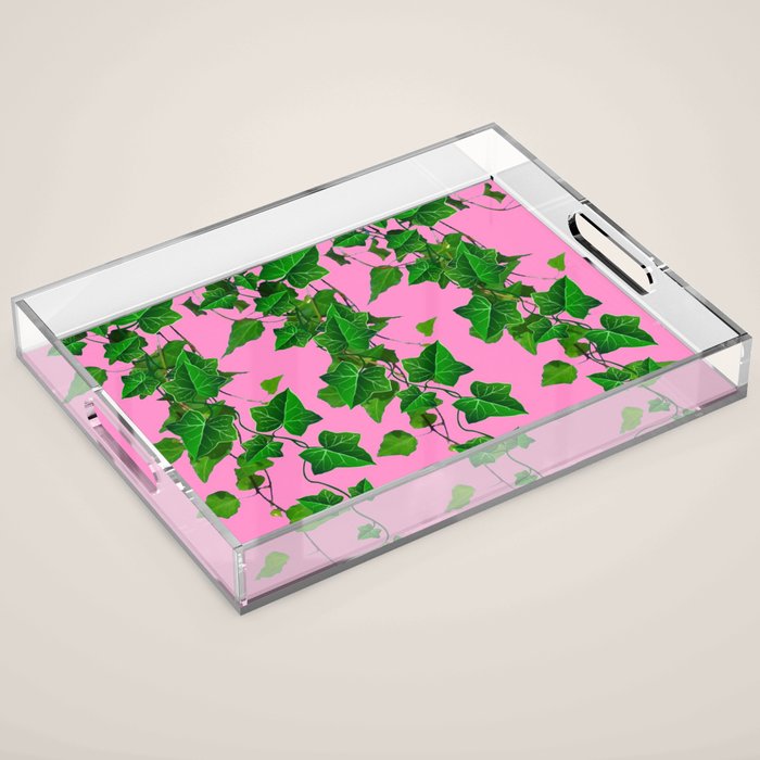 GREEN IVY HANGING LEAVES & VINES ON PINK Acrylic Tray
