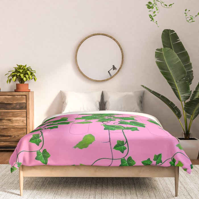 GREEN IVY HANGING LEAVES & VINES ON PINK Comforter Gallery Image 3