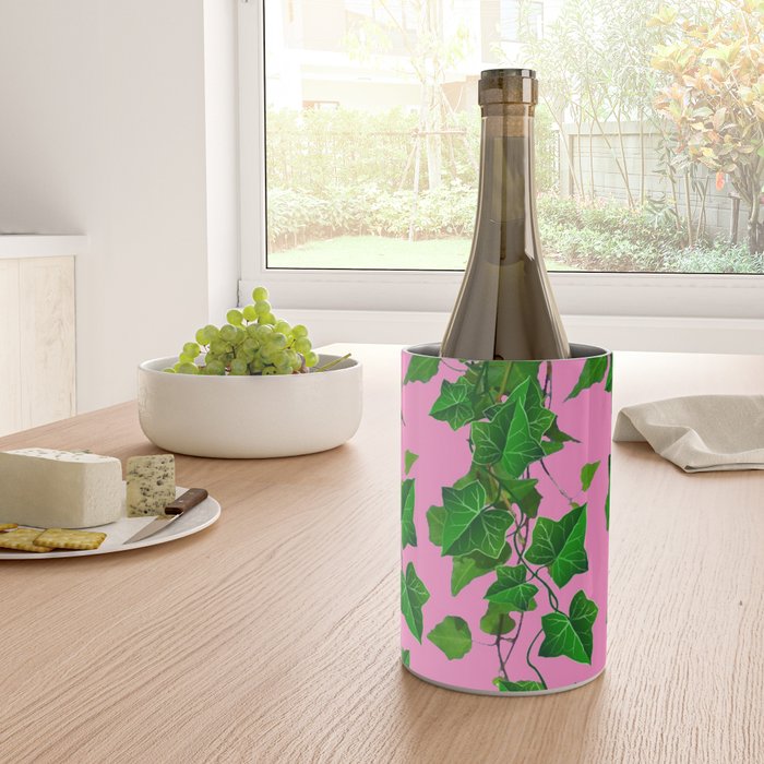 GREEN IVY HANGING LEAVES & VINES ON PINK Wine Chiller Gallery Image 4
