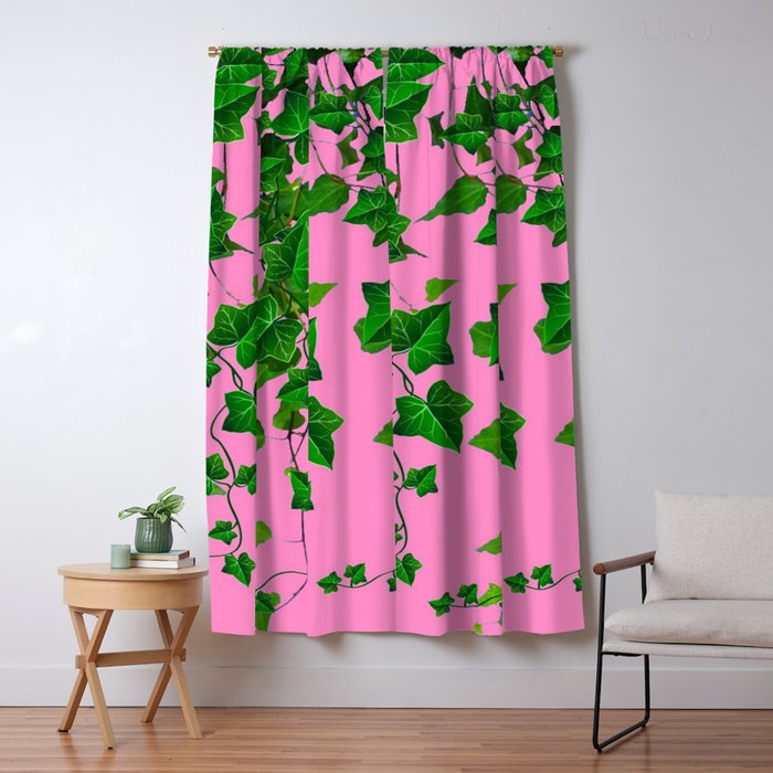 GREEN IVY HANGING LEAVES & VINES ON PINK Window Curtain Gallery Image 1