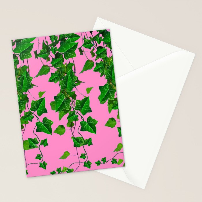 GREEN IVY HANGING LEAVES & VINES ON PINK Stationery Card Gallery Image 2