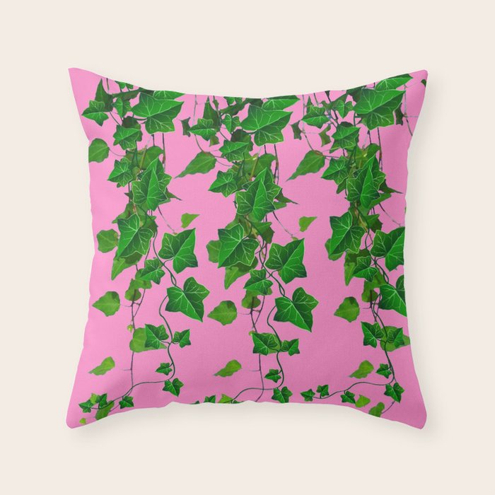 GREEN IVY HANGING LEAVES & VINES ON PINK Throw Pillow Gallery Image 1