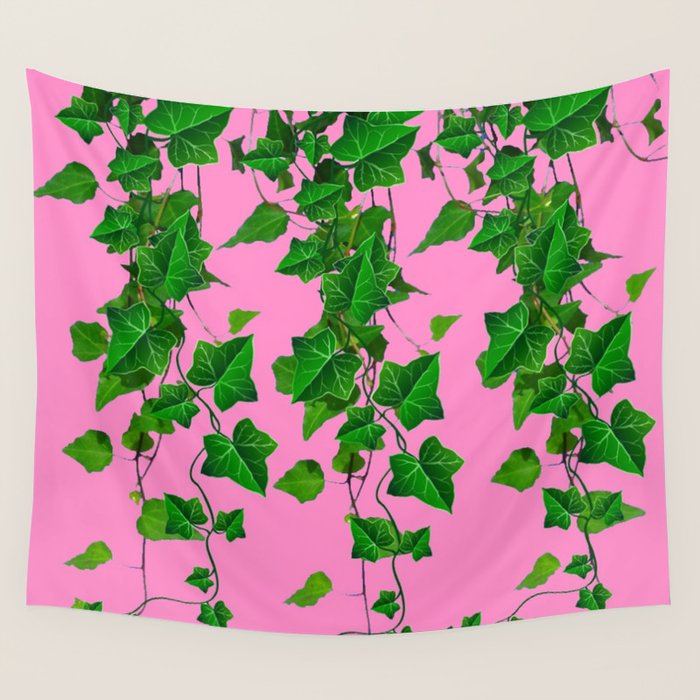 GREEN IVY HANGING LEAVES & VINES ON PINK Wall Tapestry Gallery Image 1