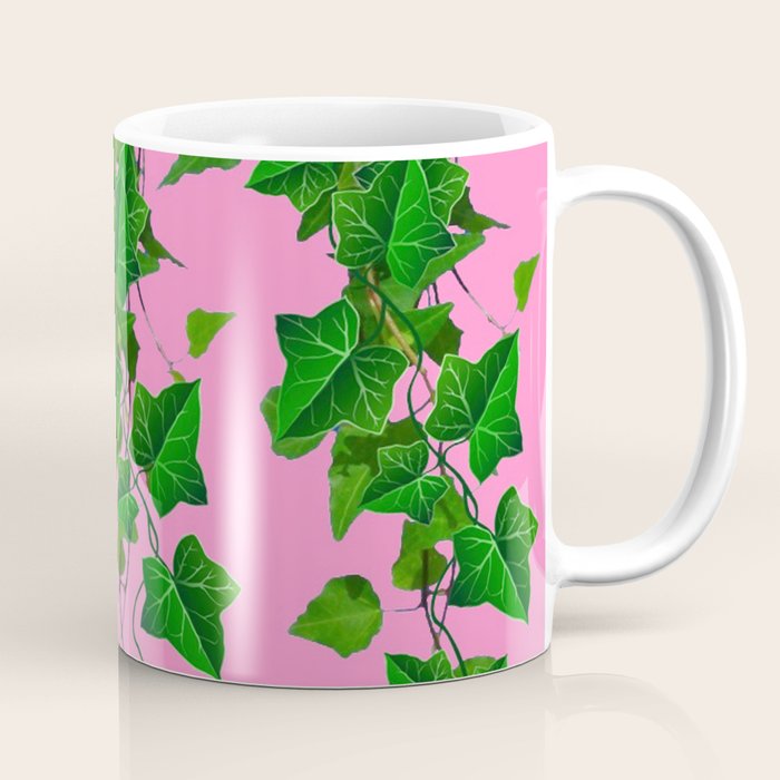 GREEN IVY HANGING LEAVES & VINES ON PINK Coffee Mug Gallery Image 1