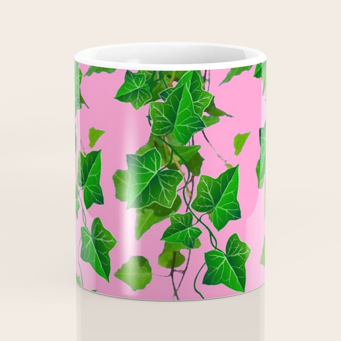 GREEN IVY HANGING LEAVES & VINES ON PINK Coffee Mug Gallery Image 4