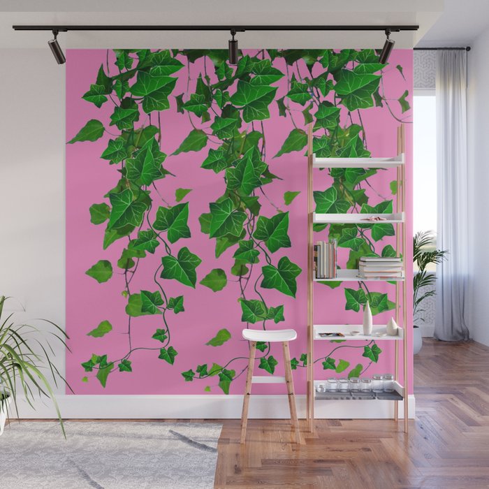 GREEN IVY HANGING LEAVES & VINES ON PINK Wall Mural Gallery Image 1