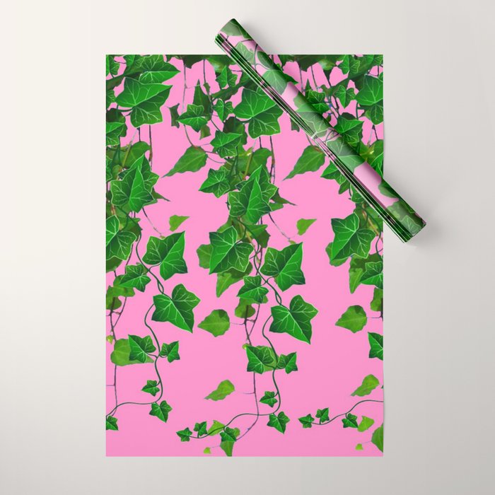 GREEN IVY HANGING LEAVES & VINES ON PINK Wrapping Paper Gallery Image 1