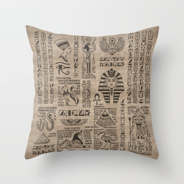 Egyptian hieroglyphs and symbols on wood Throw Pillow Gallery Image 1