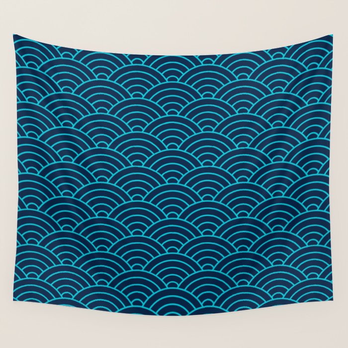 Japanese Seigaiha Blue Sea and Waves Wall Tapestry Gallery Image 4