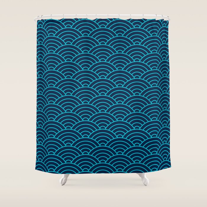 Japanese Seigaiha Blue Sea and Waves Shower Curtain Gallery Image 1